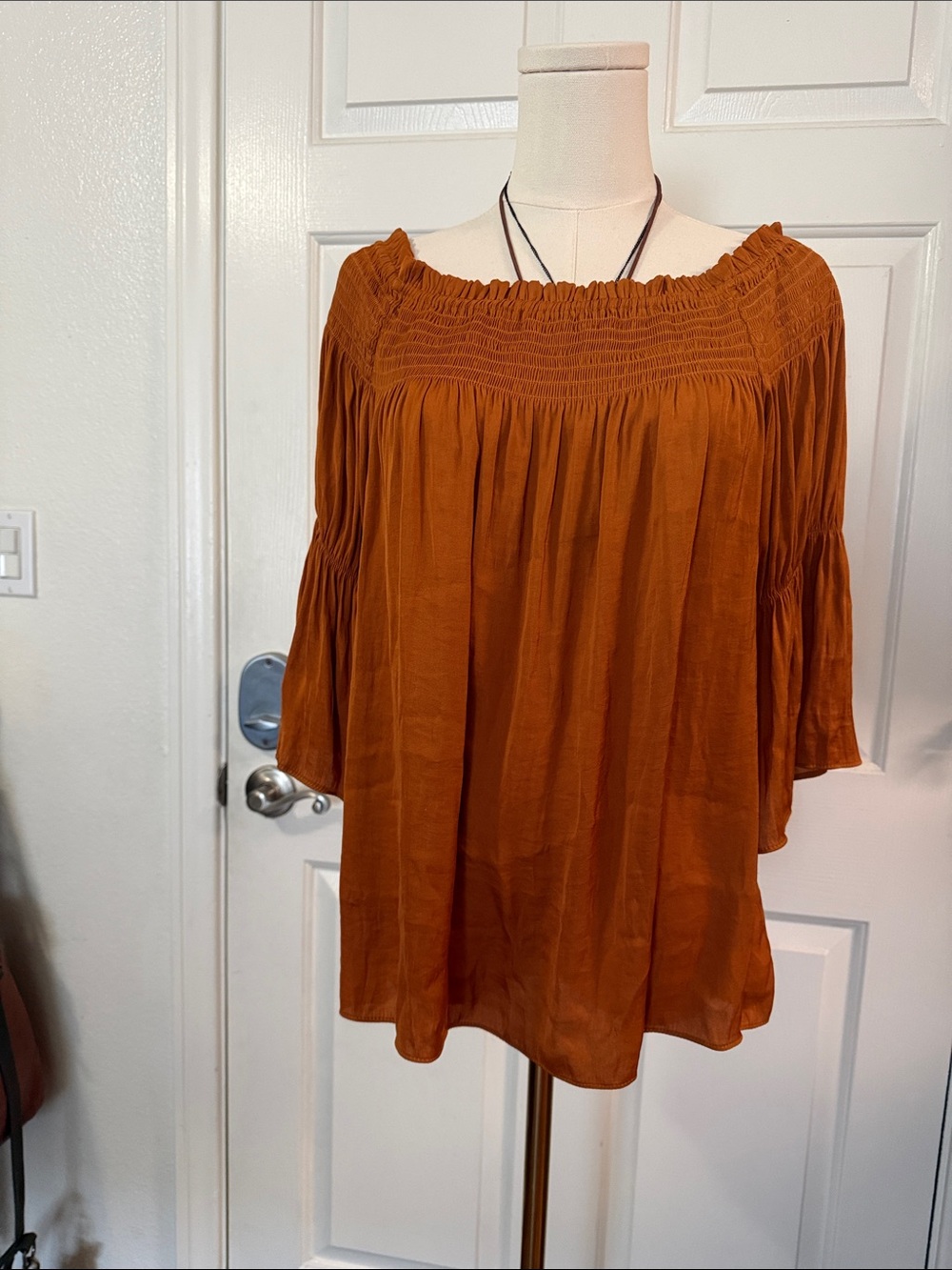 Naked Zebra Burnt Orange Smocked Off-Shoulder Blouse